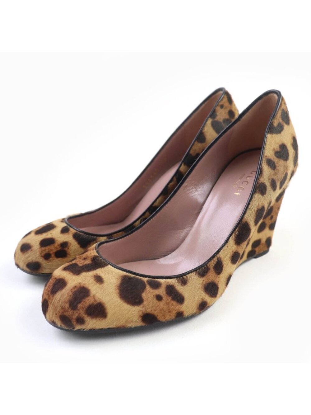 Gucci Interlocking G Leopard Print Calf Hair Leather Wedge Sole Pumps Brown